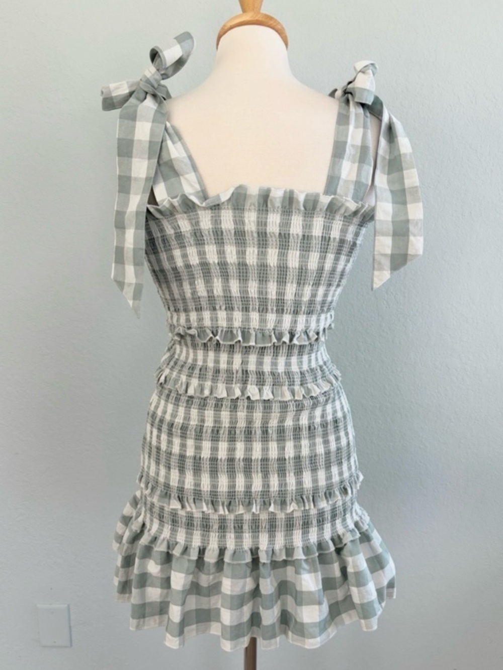 MABLE Allison Smocked Sage Gingham Check Mini Dress - Picture 9 of 14